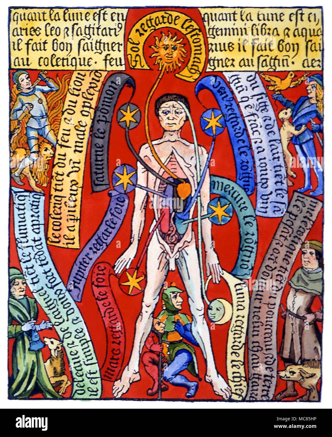 Alchemy - the four temperaments. Alchemical-medical chart showing relationship of the inner organs of Man to the planetary system, with the four temperaments in the corners. Top left: Choleric Top right: Sanguine Bottom left: Phlegmatic Bottom right: Melancholic. Woodblock print of circa 1503. Stock Photo