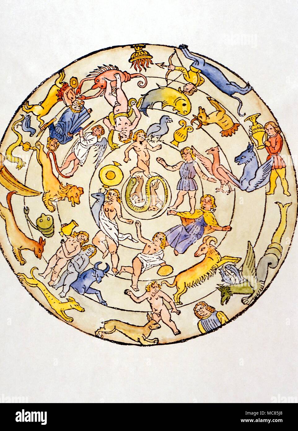 Constellation map based on an antique model printed by Radoldt in Venice, circa 1490. The twelve zodiacal constellations are distinguished by their exaggerated spacing, to distinguish from the tropical Stock Photo