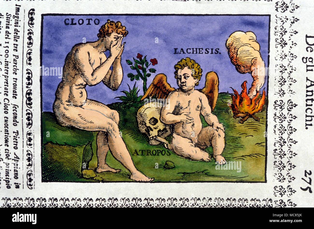 Greek Mythology - The Fates. Clotho, Atropos and Lachesis, the Parchae, or Fates. Clotho gives life, Atropos ends the life. Woodcut from the work De Gli Antichi of the early seventeenth century. 1600's Stock Photo