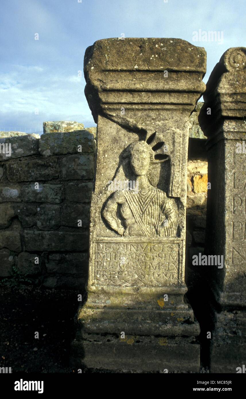 Myths - Carrawburgh. Remains fo the Roman Temple to Mithras at Carrawburgh, the ancient Brocolitia, built circa 205AD, but destroyed in the same century. Stock Photo