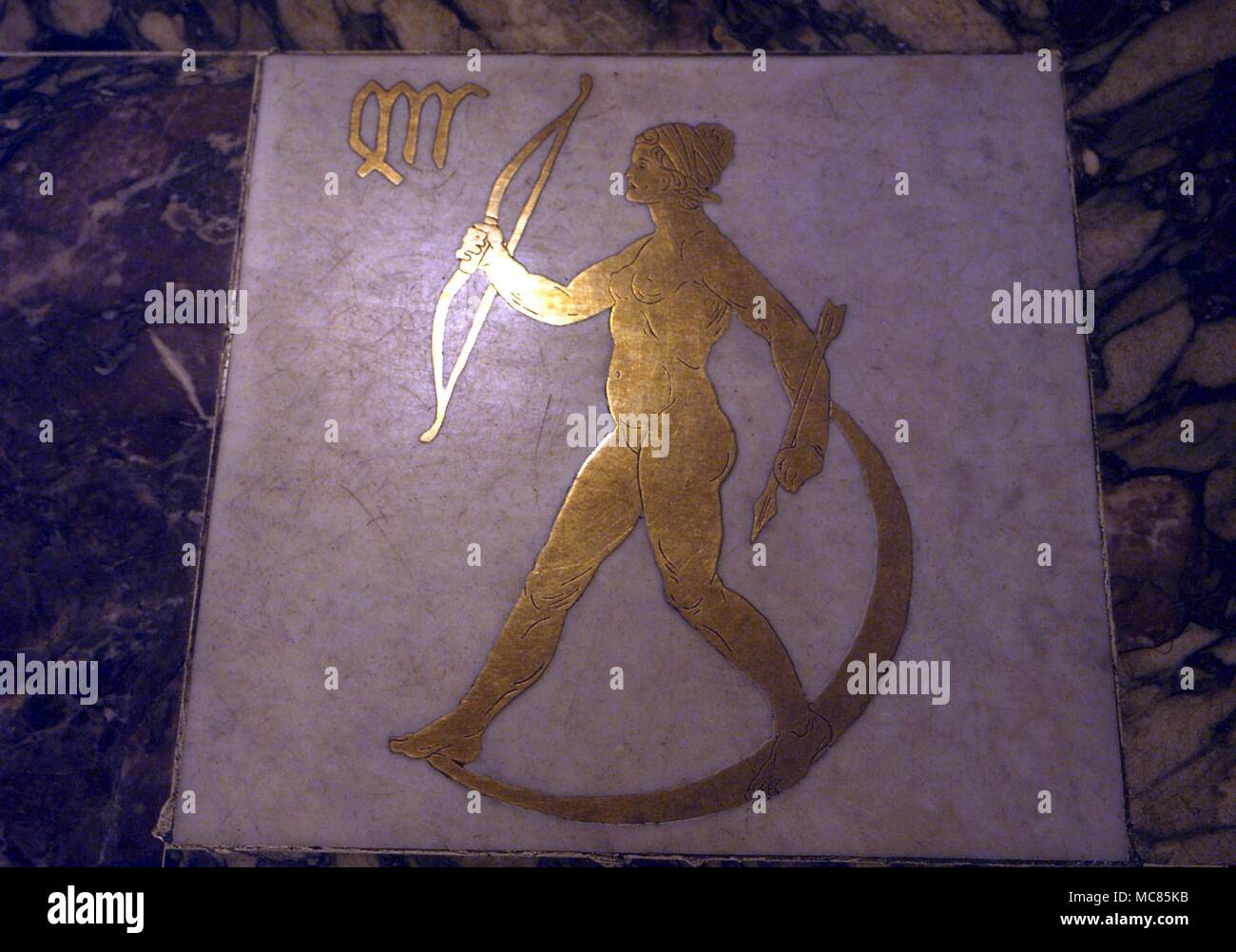 The image of Sagittarius, set in brass into the marble floor of the great hall of the Boston Public Library, Boston, Massachussetts. Stock Photo