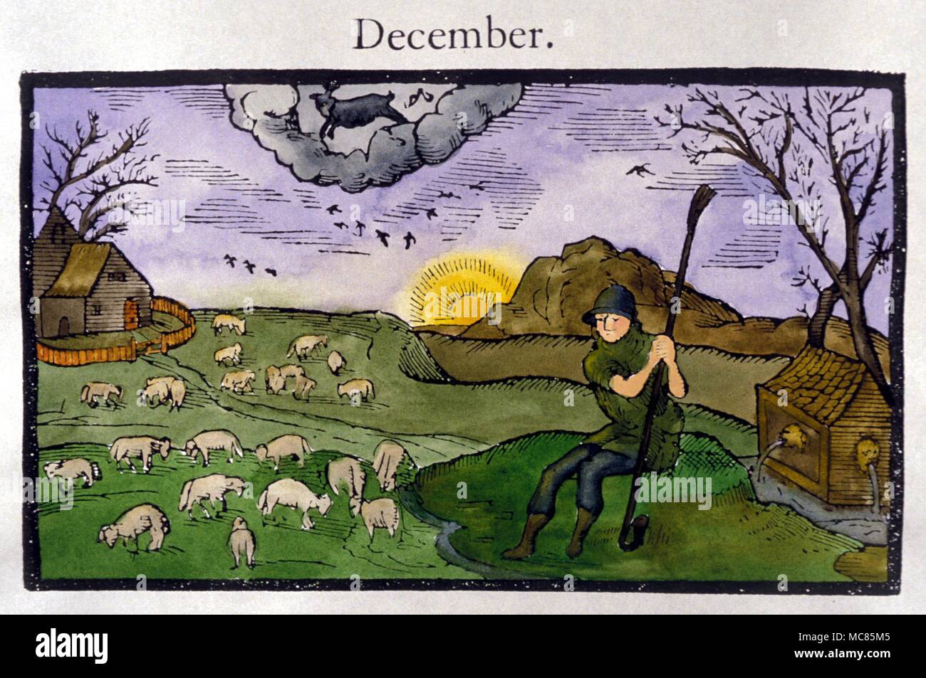 Zodiac Signs - Capricorn. The goat of Capricorn, of the month of December. From the series of 'months' used as vignettes in Edmund Spenser's 'The Fairie Queene', derived from his 'Shepheard's Calendar' of 1579. Stock Photo