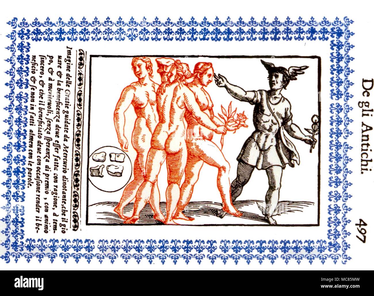 GREEK MYTHOLOGY Mercury and the Three Graces. After Lorenzo Pignoria Padonvo, 'Le Vere e Nove Imaginini de gli Dei delli Antichi', Padua 1615 Stock Photo