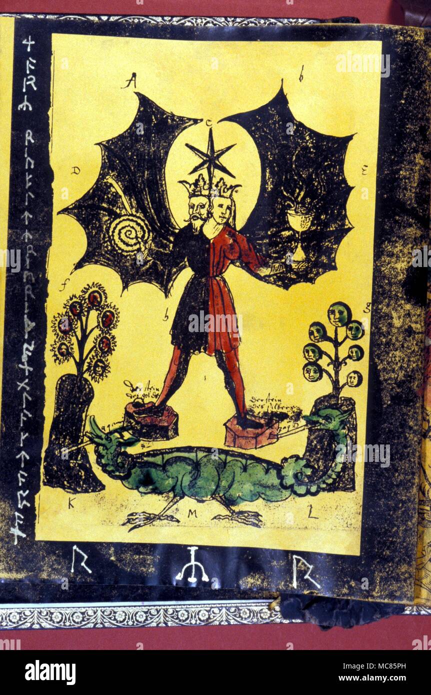GRIMOIRE demons Illustration from a personal grimoire designed to accommodate witchcraft recipes and spells. The androgyne imge is derived from an alchemical drawing in the Statsbibliotheck, Munich Stock Photo