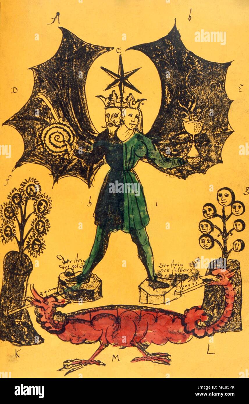 GRIMOIRE Page from a modern grimoire, with images derived from the alchemical and demonic tradition. hand-coloured Stock Photo