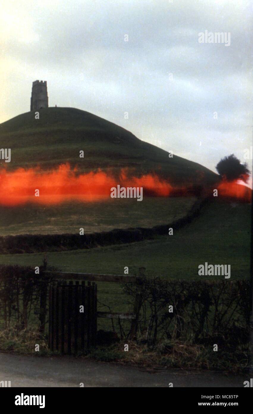 GLASTONBURY A curious band of etheric colour around the bottom of glastonbury Tor, photographed by a clairvoyant, and identified as a 'Ring of Pass Not'. The original is in the possession of Dr Brierly Stock Photo