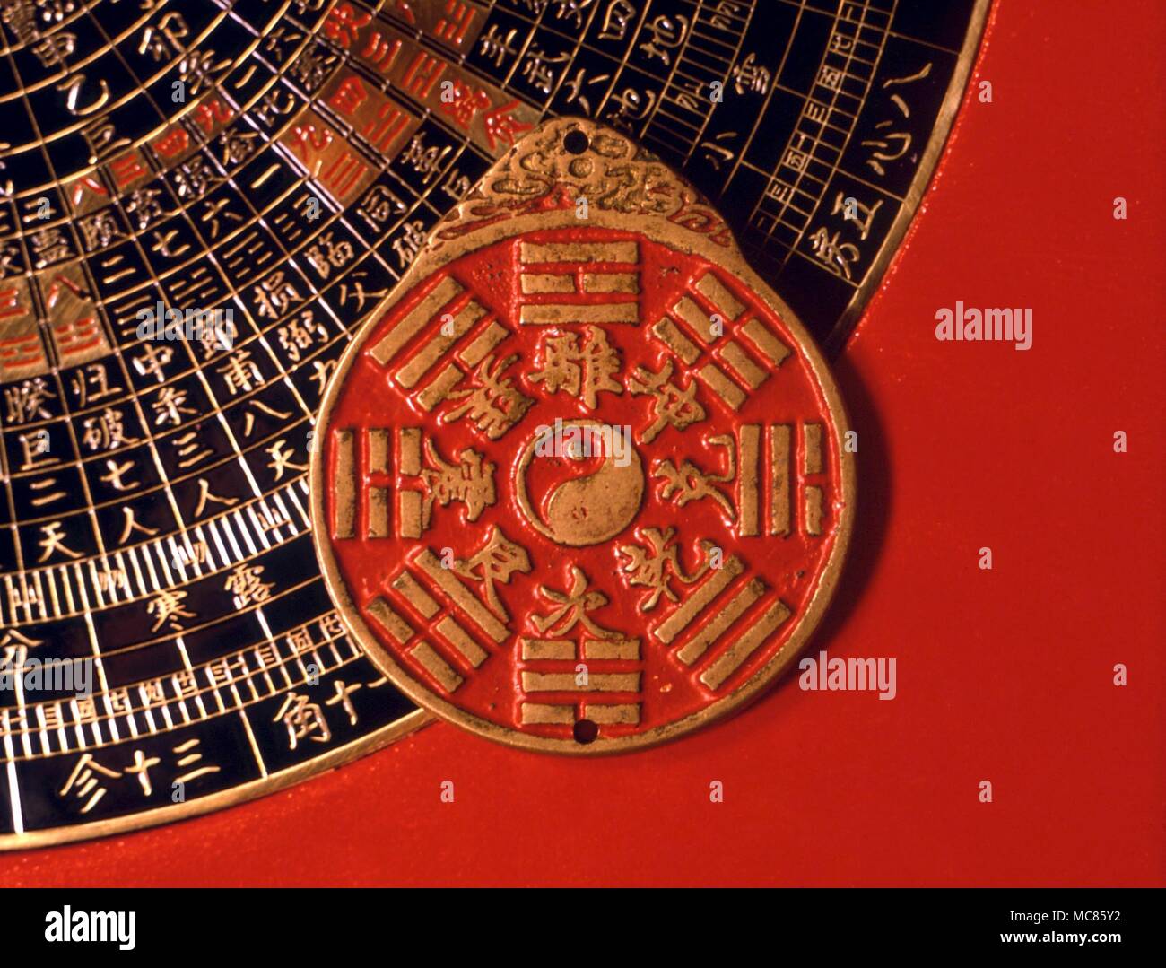 I Ching Bronze disc inscribed with the eight trigrams and their corrresponding character, with the Tai Chi at the centre. from China Stock Photo