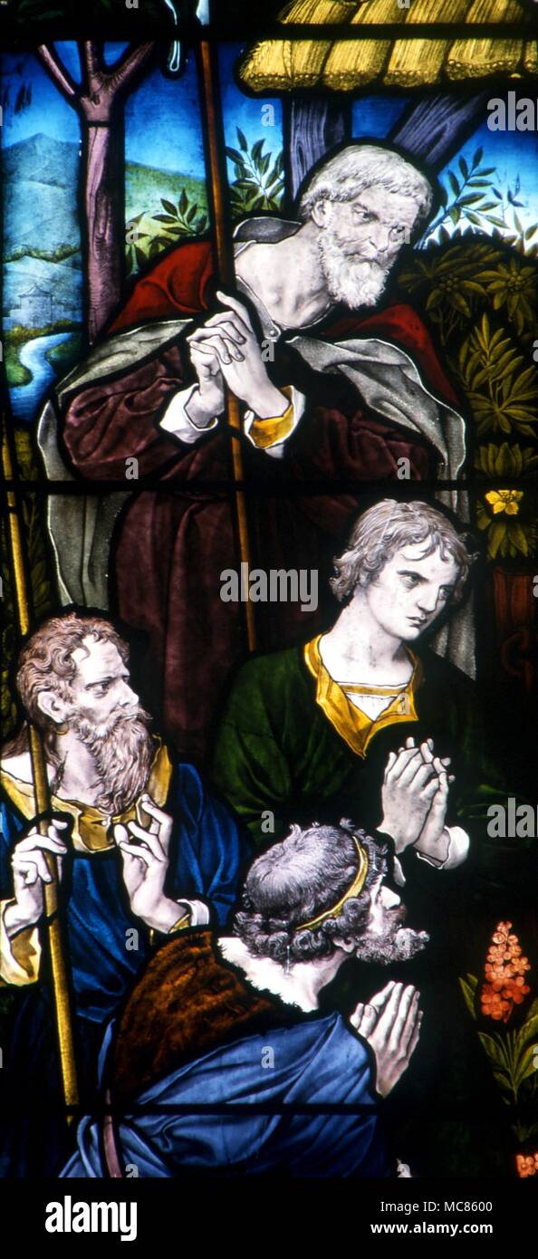 CHRISTIAN The manger at Bethlehem. Visit of the shepherds to the newly born Jesus. 19th century stained glass in St Mary's church, Godstone Stock Photo