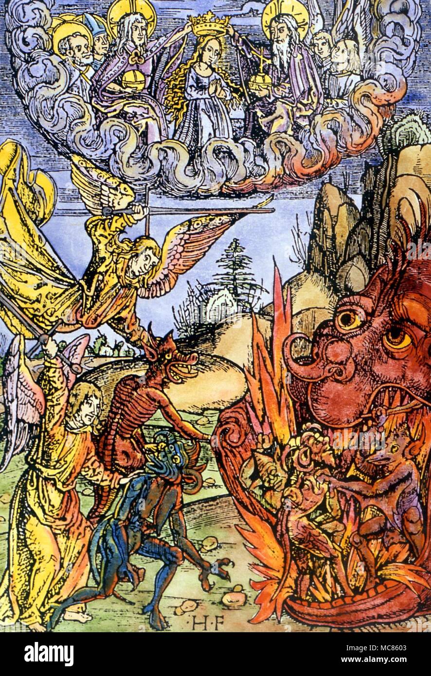 CHRISTIAN Mediaeval visions of Heaven and Hell, with the crowning of the Virgin in the Heavens, and the angels fighting back the demons into the jaws of Hell. Woodcut of circa 1500 Stock Photo