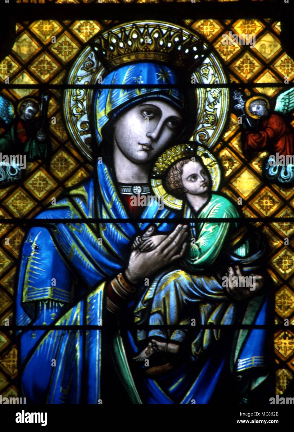CHRISTIAN Virgin and Child 'Our Lady of Perpetual Secour'. Stained glass inthe church of St Pierre, Chartres, France Stock Photo