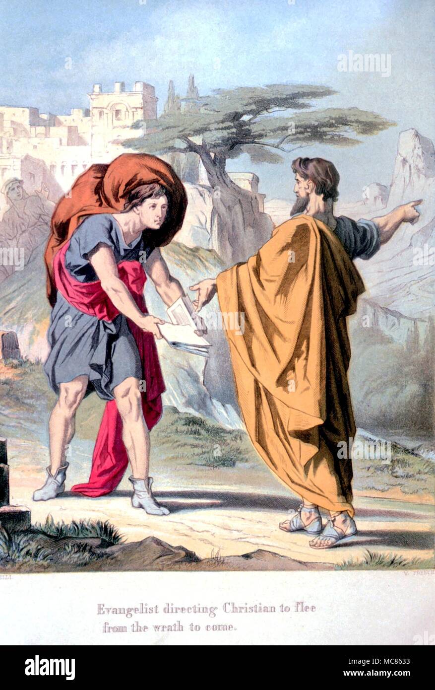 CHRISTIAN Evangelist directing Christian from the Wrath that is to come. Lithographic illustration by Horace Castelli for the 1860 edition of John Bunyan's 'The Piligrim's Progress, and Other Works' Stock Photo