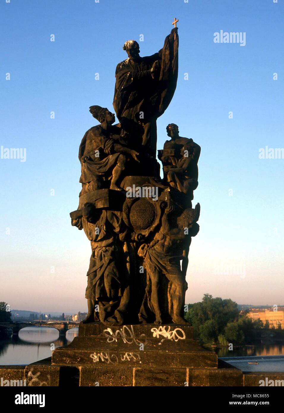 CHRISTIAN Memorial to the Christianizing travel impulse of Francis Xavier, on the Charles Bridge, Prague Stock Photo