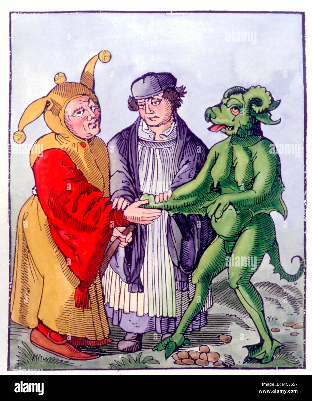 CHRISTIAN The union of Churchman, Devil and Fool. Satirical woodcut print of circa 1500. Sometimes linked with Durer, the print is anonymous Stock Photo