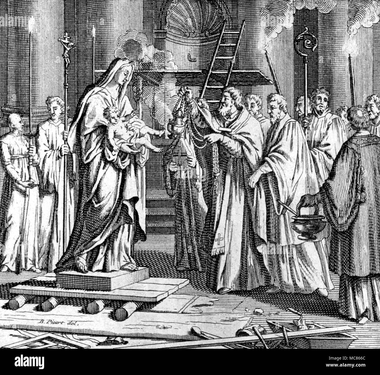 CHRISTIAN Consecration of an image Priests conducting a ritual by which a statue of the Virgin and Child is consecrated. From Bernard Picart, Customs of the World Stock Photo