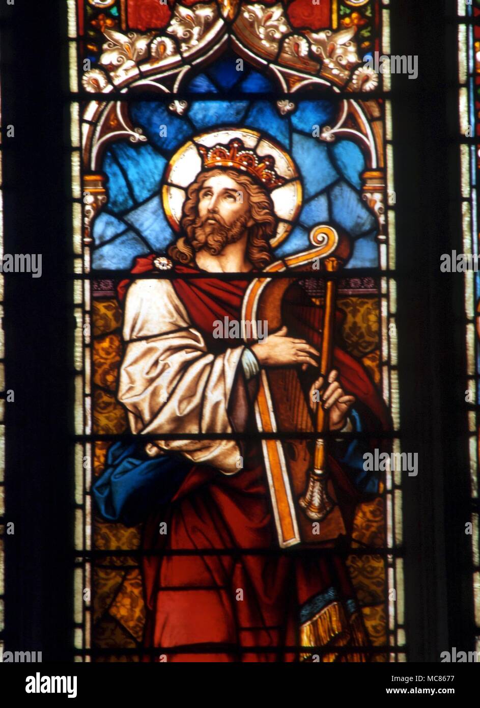 CHRISTIAN - King David David the King playing his harp. Detail of stained glass windows in the north wall of St Margaret's church, King's Lynn Stock Photo