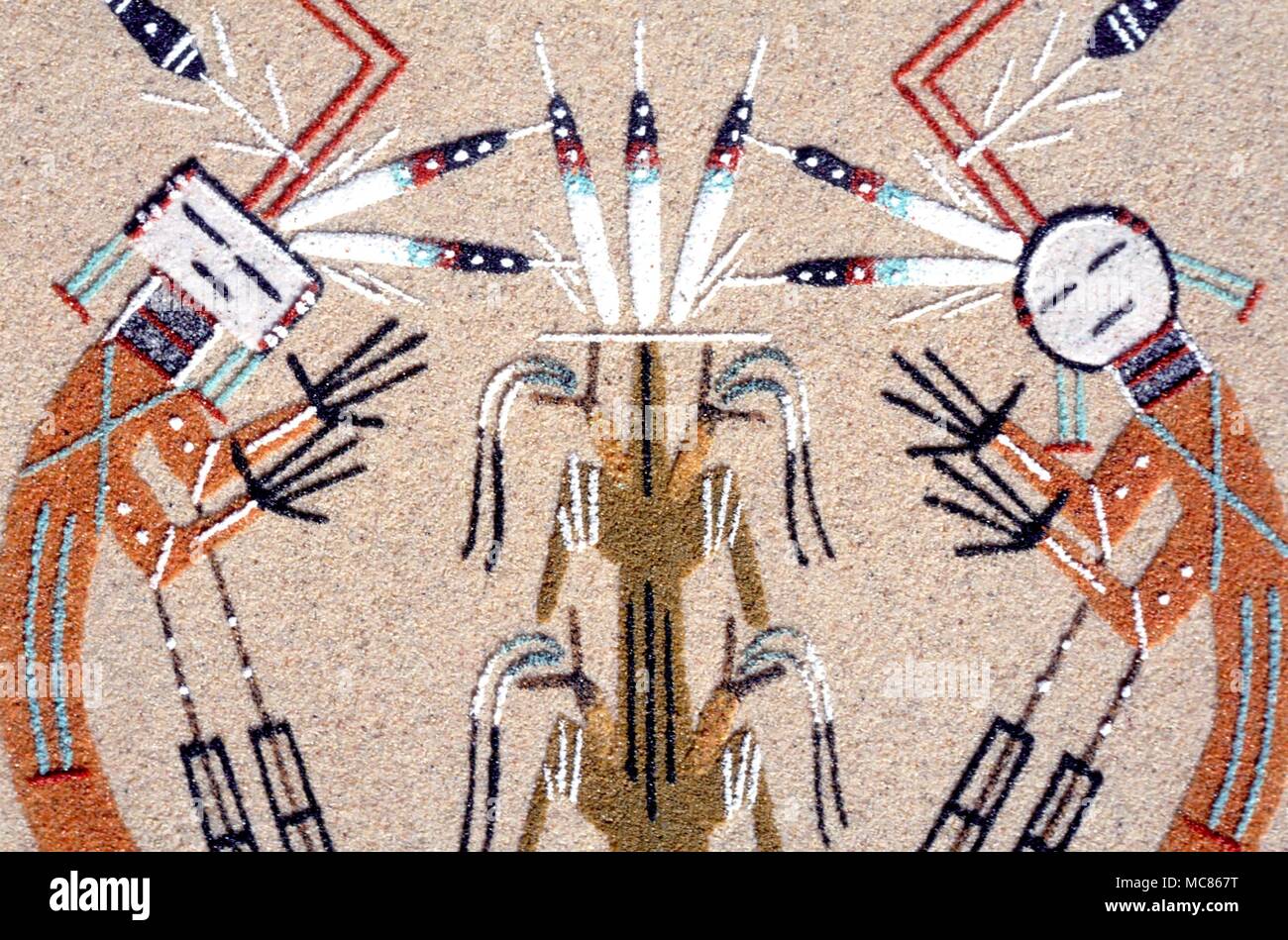 Sand paintings (now fixed on sandstone) of the Navaho Indians. From the Navaho reservations, near Mexican Hat Stock Photo