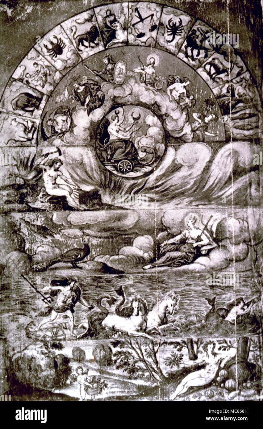 ELEMENTALS The zodiacal belt, with Fire, Air, Water and Earth in zones below the zodiac. From Batista de Ruberti, 'Osservazioni de Astrologia', 1567 Stock Photo