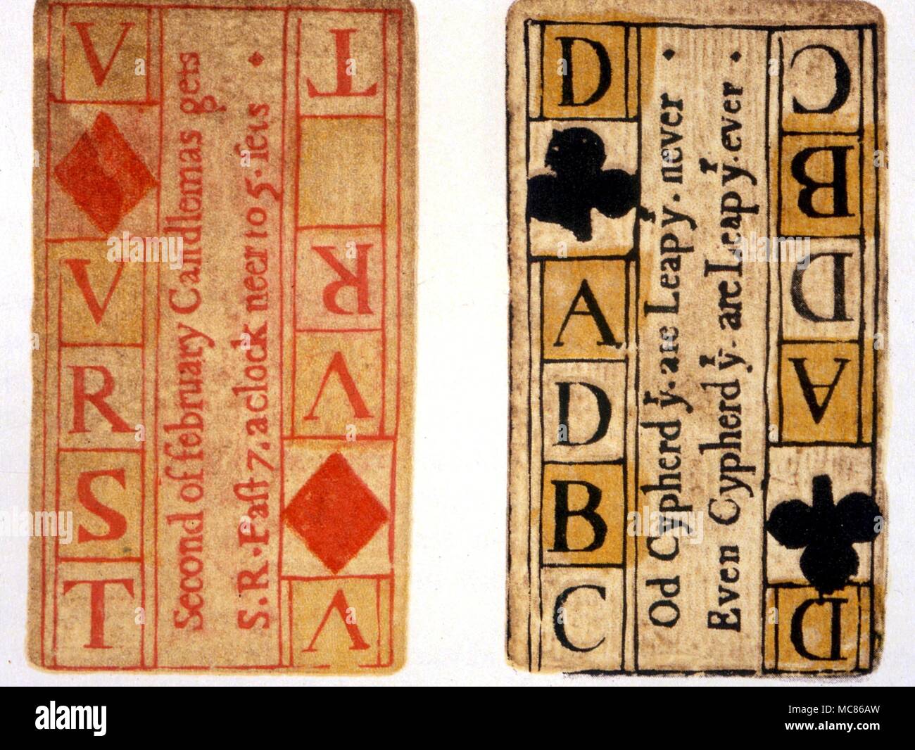 GAMES Children's playing cards with letters of alphabet. Instructions tell how to spell cipher, write, etc. pack called 'The Scholer's Practicall Cards' (sic). 1656 Stock Photo