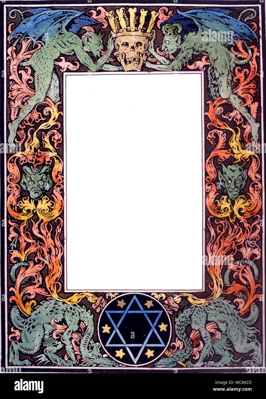 WITCHCRAFT Decorative border with witchcraft images and magical symbols. from 'La Vie Execrable de Guillemete Babin, Sorciere' by Carron. design by bernard Zuber, 1926, based on Bodin's 'Demonomanie' Stock Photo