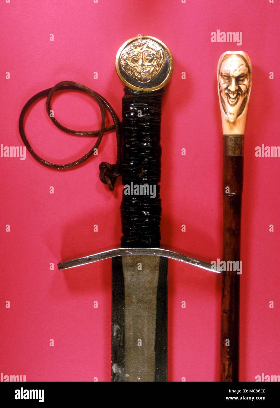 WITCHCRAFT Ritual sword and rod, consecrated for use in witchcraft rituals. these were said to have been formerly in the possession of Aleister Crowley Stock Photo