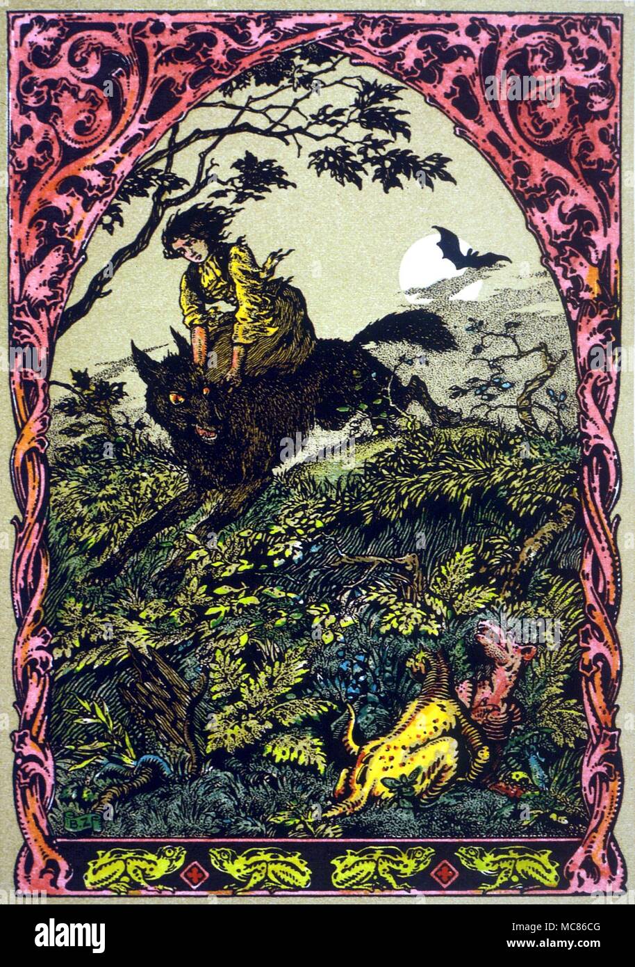 WITCHCRAFT Black dog ridden by witch Night ride of the witch, Babin. design by Bernard Zuber, to M. Carron's 'La Vie Execrable de Guillemette Babin, Sorciere, 1926 - a true story based on Bodin's book 'Demonomanie', 1580. This 17th century witch was burned to death at Poitiers, 1564 Stock Photo