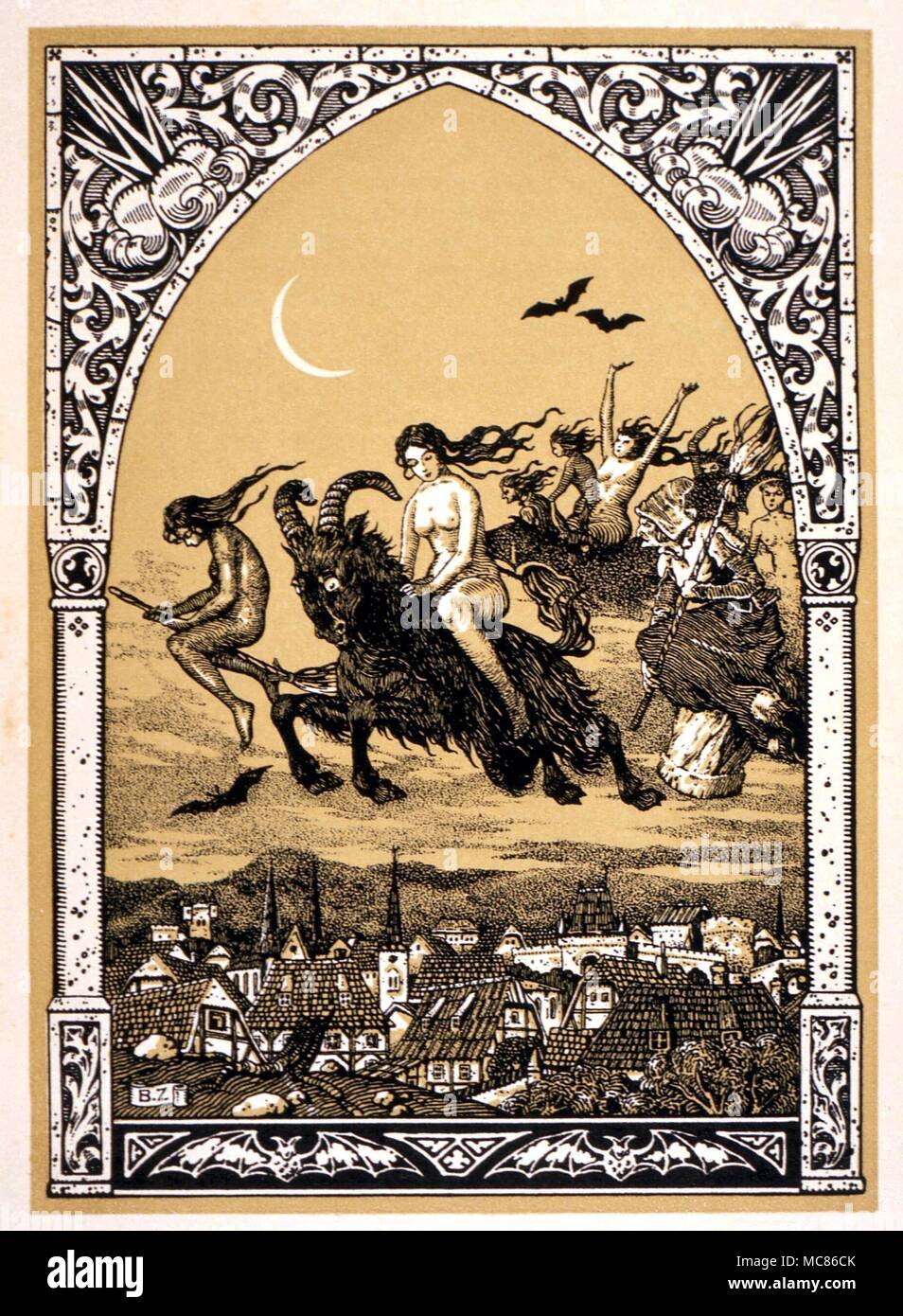 WITCHCRAFT Transvection on a goat by the witch Babin. Lithograph from the 1926 edition of Carron's La Vie Execrable de Guillemette Babin, Sorciere Stock Photo