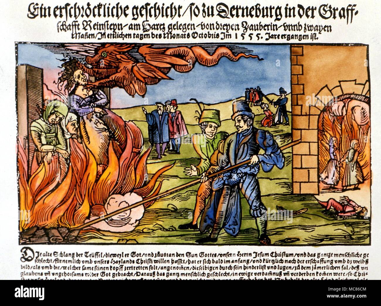 WITCHCRAFT Witches being burned, October 1555. Germany, from a contemporaneous German broadsheet Stock Photo