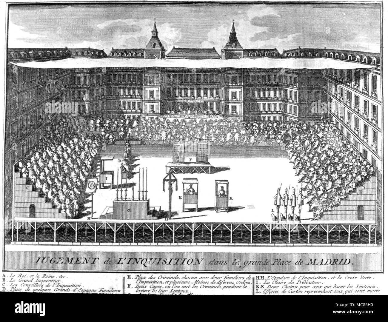 Torture Inquisition overseeing judgement in the Great Square, Madrid. From  Bernard Picart, Customs of the World, 1808 Stock Photo - Alamy