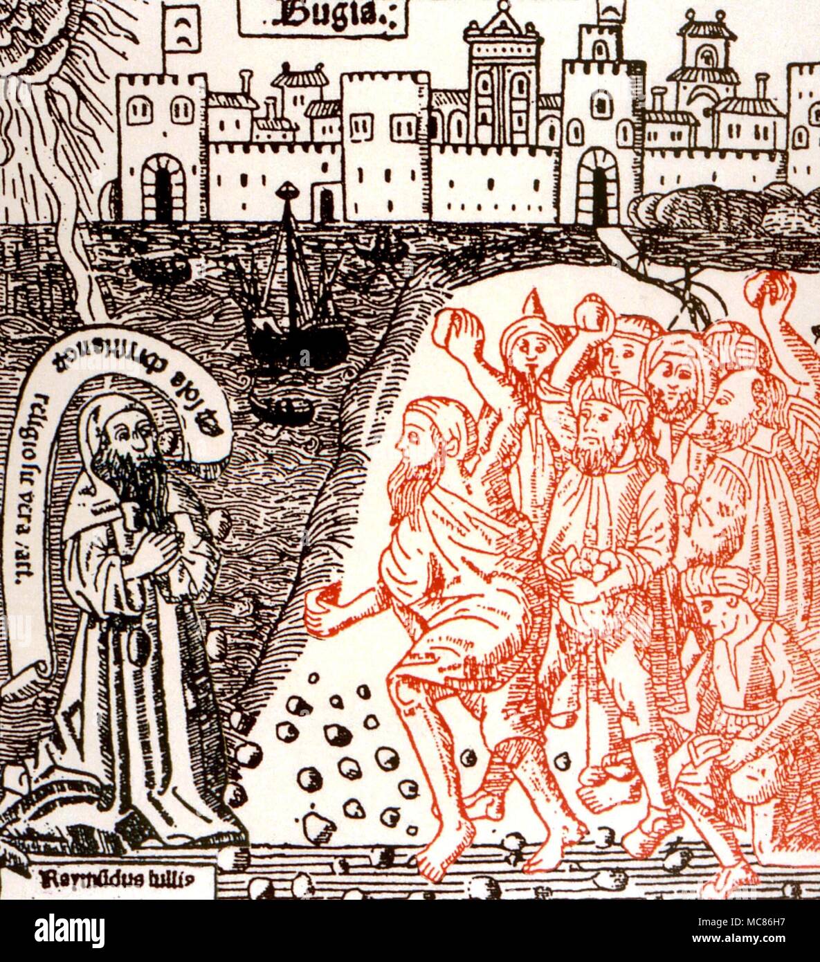 Torture Stoning to death The occultist Raymond Lully (1235-1315) being stoned to death by Muslims at Bona, in Algeria. After a woodcut of 1515 Stock Photo
