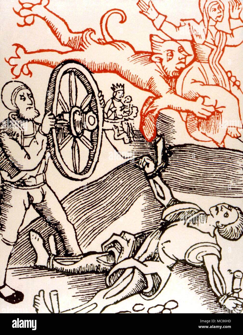 Torture - Breaking on the Wheel Breaking limbs on wheel, and braiding limbs into the spokes. After a woodcut from Hans Stumpt's 'Schweizer-chronik', 1548 Stock Photo