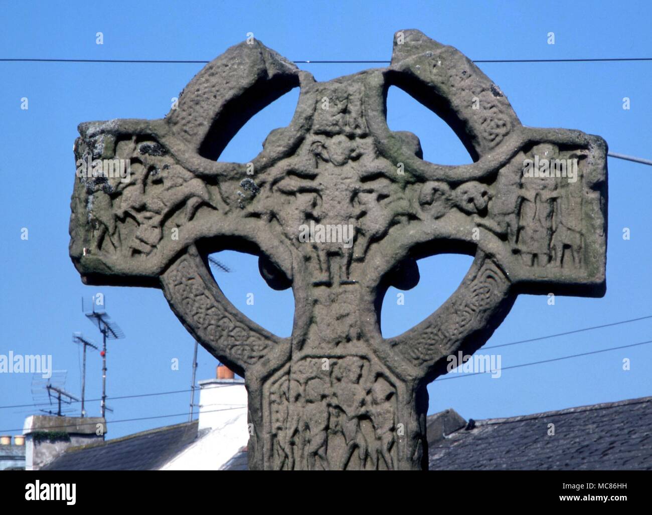 CELTIC Cross Detail of the 9th century Celtic Cross of Kells, now on display in the centre of the town Stock Photo