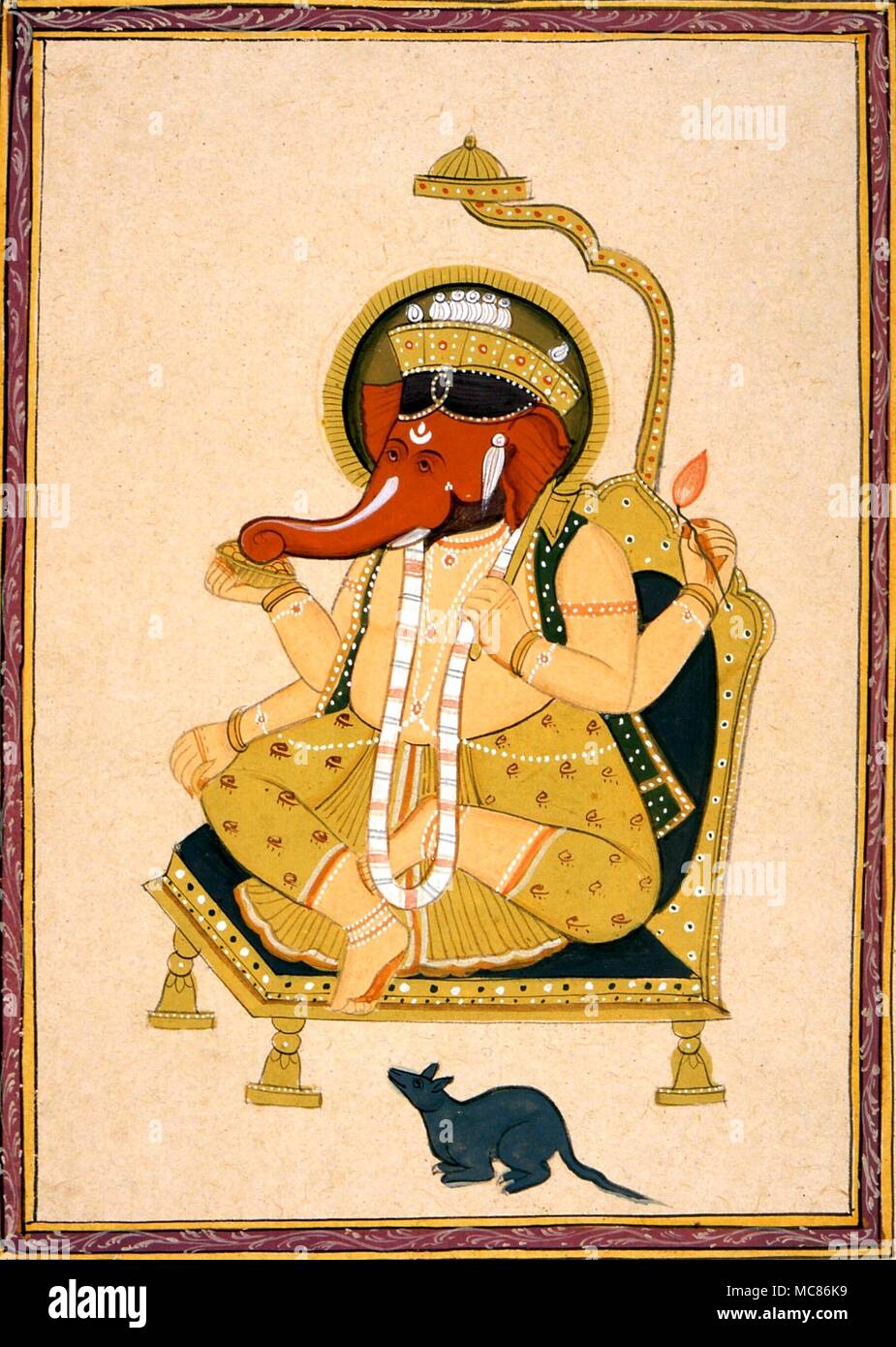 INDIA The elephant headed god Ganesha with the black rat. 19th century silk painting, private collection. Stock Photo