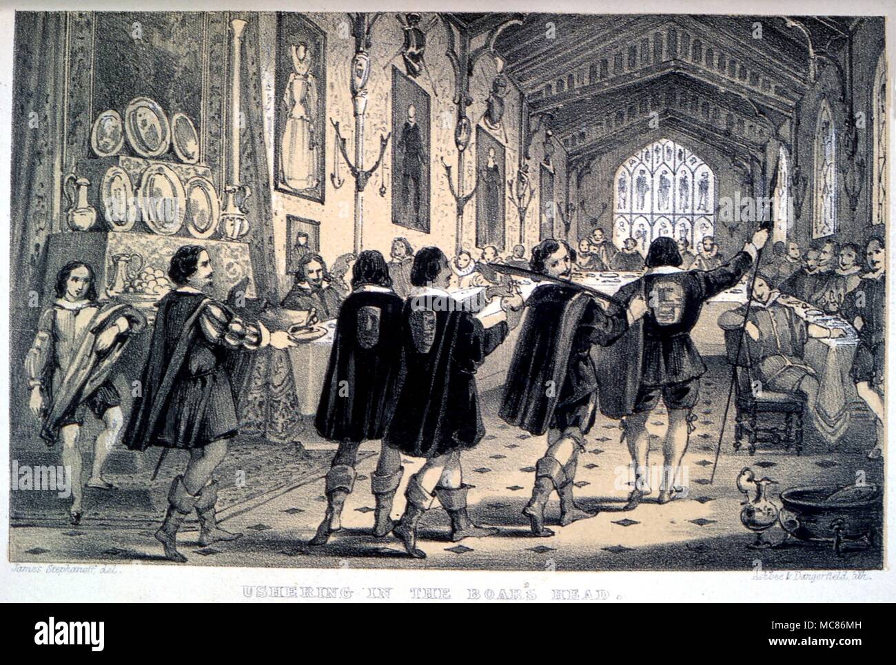 Christmastide festival of carrying in the Boar's Head in a great hall. Chromo woodcut from the William Sandys 'Christmastide, its History, Festivities and Carrols'. 1870 Stock Photo