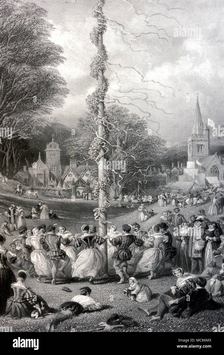 Maypole dancing. Engraving by C Cousen after the painting by Joseph Nash, 'The May-Pole'. From the 1866 'Art Journal' Stock Photo