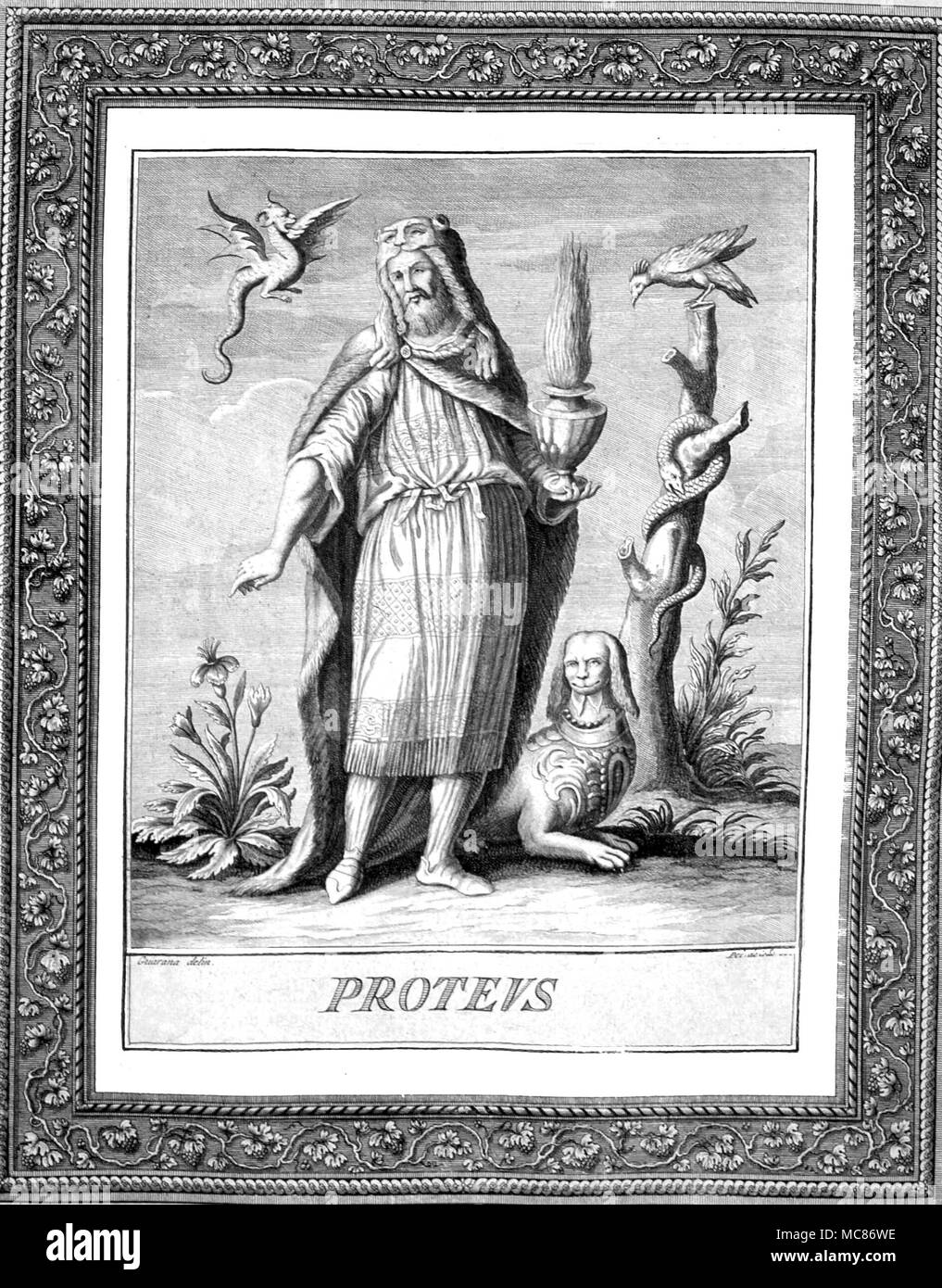 PREDICTIONS AND PROPHECY Proteus, a marine demi god possessed the gift of prophesy, for those who could catch him. He could change into any shape, to escape. From the 1972 edition of Jacopo Guarana's Oracoli, Auguri, Aruspici, Sibille, indovinia della Religione Pagana Stock Photo