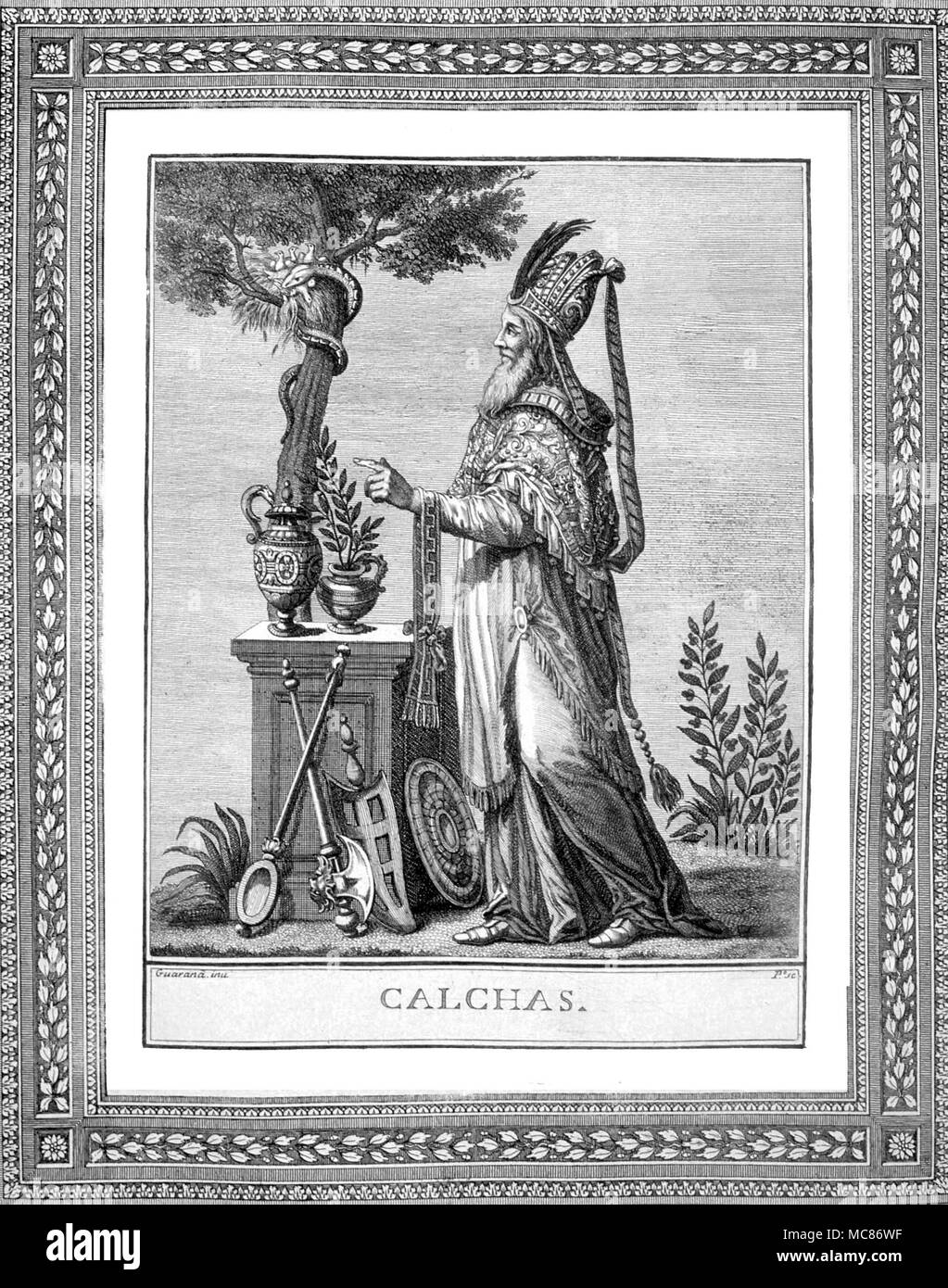 PREDICTIONS AND PROPHECY Calchas was a soothsyer with the Greeks at Troy. An oracle declared that he would die if he met a soothsayer superior to himself. he died when he met Mopsus. His oracle was at Calchas, in Apulia. From the 1972 edition of Jacopo Guarana's Oracoli, Auguri, Aruspici, Sibille, indovinia della Religione Pagana Stock Photo