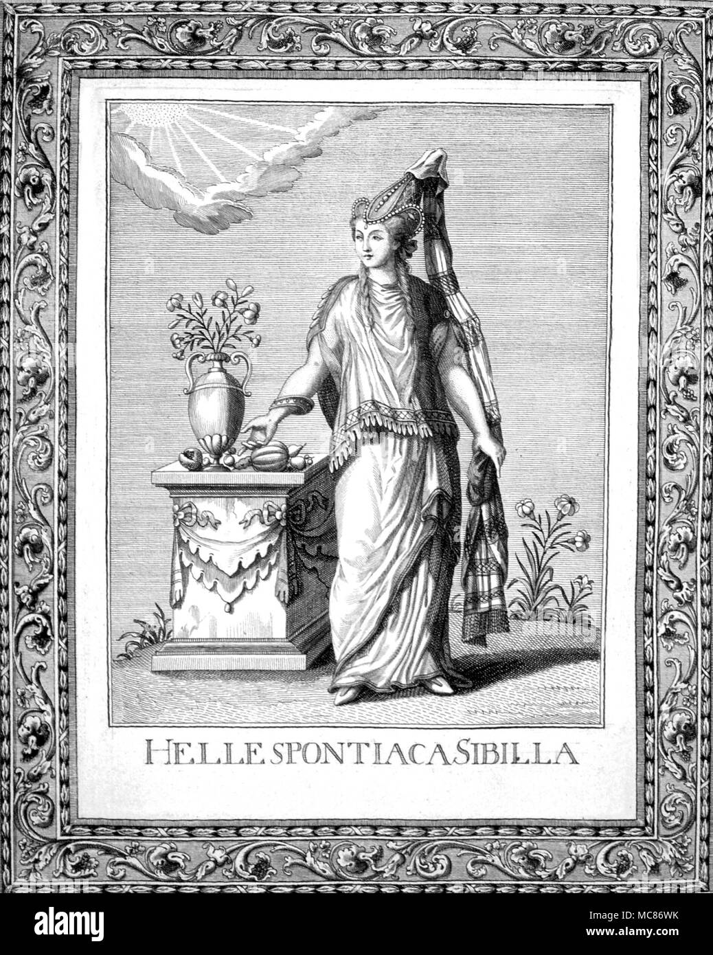 PREDICTIONS AND PROPHECY - Sibyl of Hellespont The prophetess (Sibyl) from the Greek city overlooking the (modern) Dardanelles. From the 1972 edition of Jacopo Guarana's Oracoli, Auguri, Aruspici, Sibille, indovinia della Religione Pagana Stock Photo