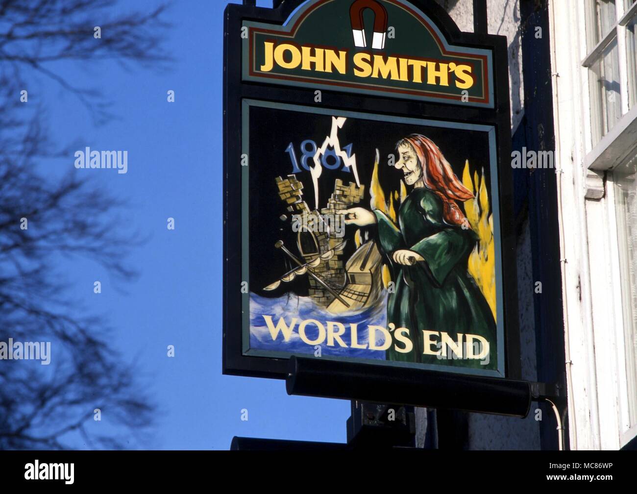 PREDICTIONS AND PROPHECY Mother Shipton's supposed prophesy of the end of the world, on the inn sign of 'The World's Edn' at Knaresborough, Yorkshire. Shipton did not prophecy the end of the world for 1881, although this is a popular belief Stock Photo