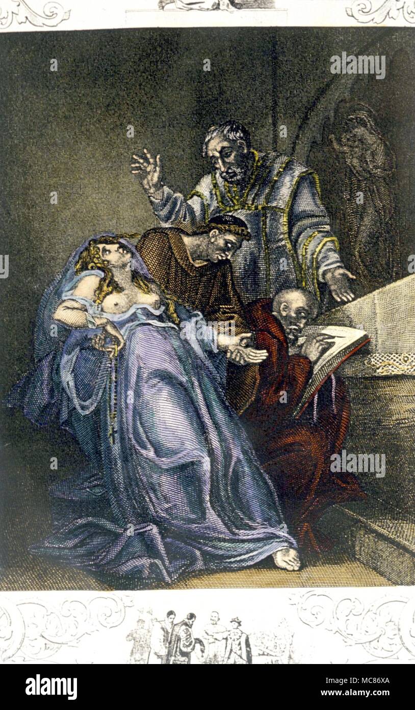 PREDICTIONS AND PROPHECY The Fair Maid of Kent - one of the most outrageous impostures, under Edward VI. Coloured engraving of the painting by Tresham, from Smollett's 'A Complete History of England' 1758 Stock Photo