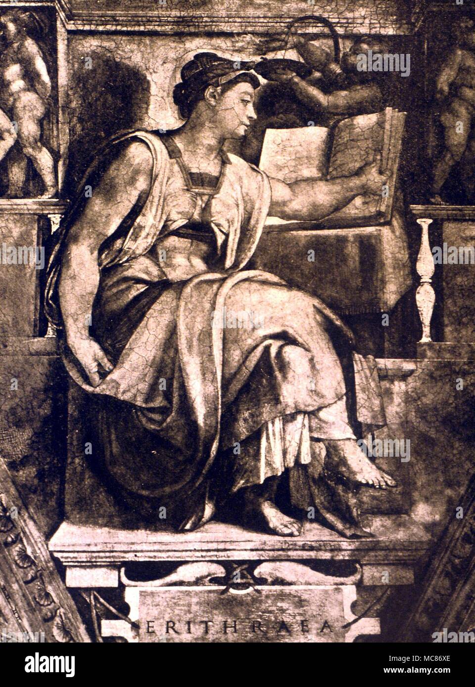 PREDICTIONS AND PROPHECY Erythraean Sibyl The Sibyl with the Sibylline book. Detail of the ceiling of the Sistine Chapel, by Michelangelo Stock Photo