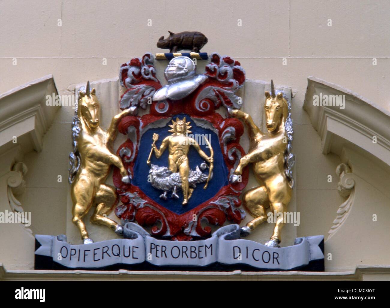 UNICORN Unicorn supporters for the coat of arms of the Worshipful Society of Apothecaries, London Stock Photo
