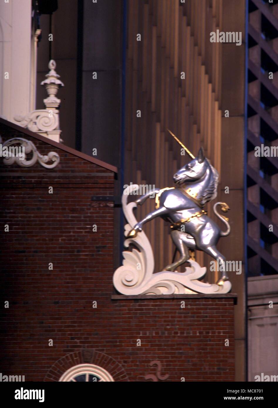 UNICORN Unicorn, as survival of the old heraldic British Coat of Arms, on the Old State Building, Boston, Massachussetts, USA Stock Photo