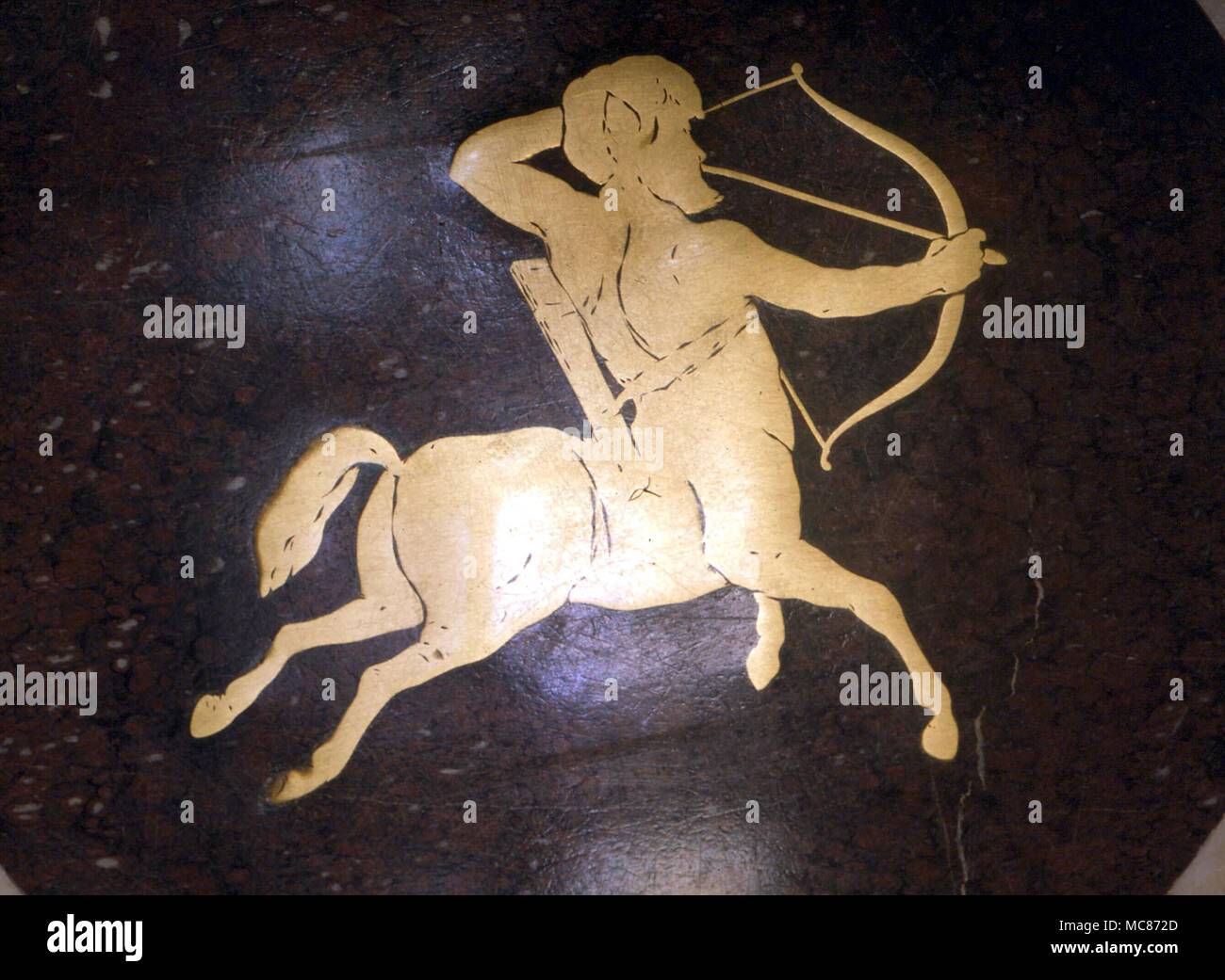 ASTROLOGY - Zodiacal circle, the images set in brass within a marble surround, in the floor of the Library of Congress hallway. Washington DC. 19th century. Sagittarius Stock Photo