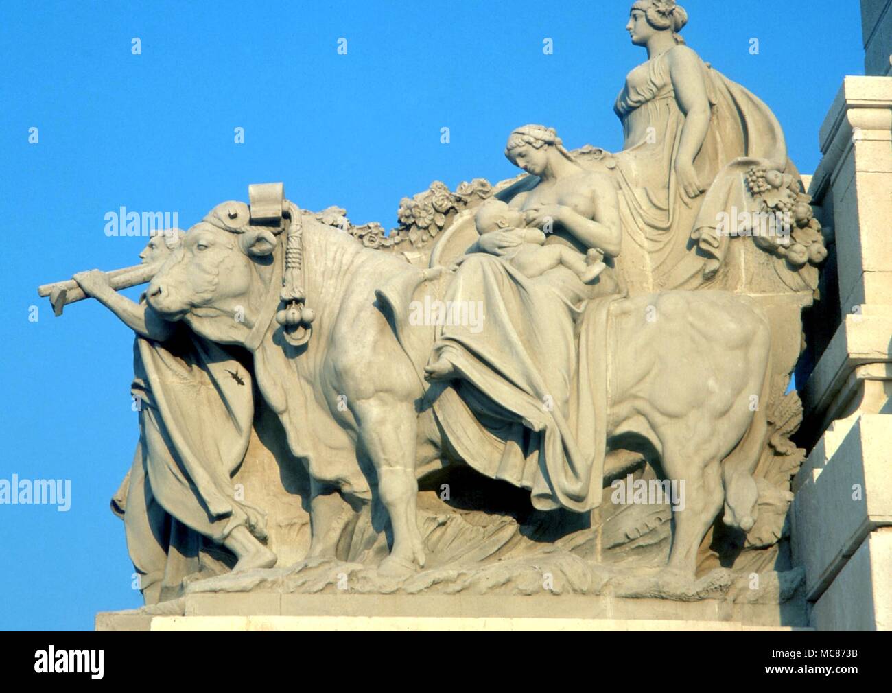 ANIMALS - Ox in triumphal march. Detail from the early 19th century memorial to the new Constitution in Plaza Espana, Cadiz Stock Photo