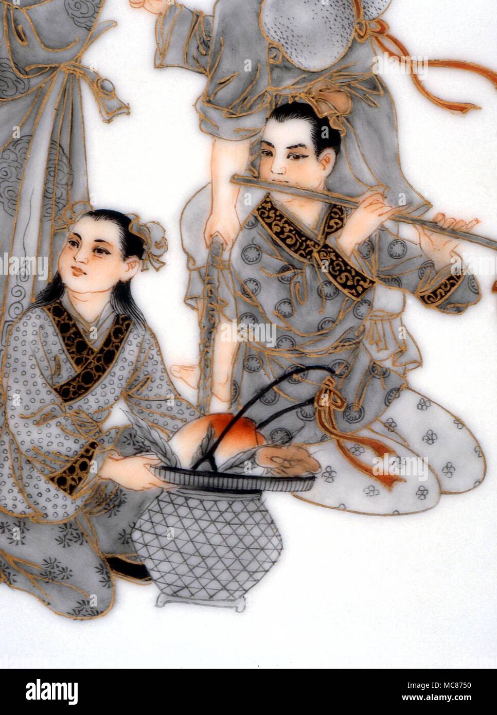 Taoism - Two of the Taoist 'Eight Immortals- (Pa Hsien). Lan Ts'ai-ho, with her flower basket, and Han Hsiang-tzu, with his flute. Mid-19th century Chinese tile, from screen Stock Photo