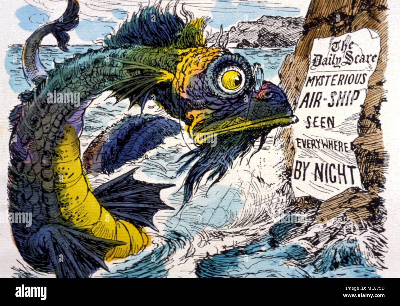 MONSTERS 'An early silly season'. Hand-coloured picture from PUNCH, 1909. The Sea Serpent: 'Well, if this sort of thing keeps on, it'll mean a dull August for me'. Stock Photo