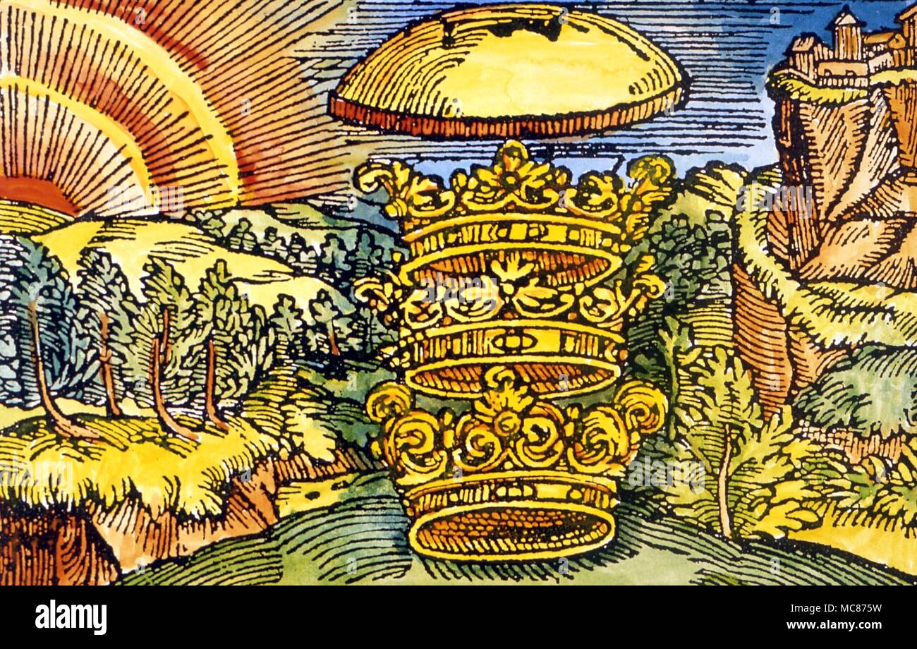 STRANGE PHENOMENA 15th predictive plate from the 32 prophecies of Paracelsus, dated 1520. The related text is obscure. it is possible that the upper symbol is a millstone, weighing down the triple crown. some see it as an early image of a UFO Stock Photo