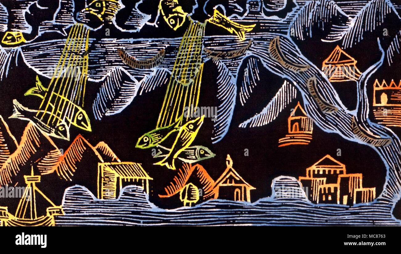 STRANGE PHENOMENA Fall of fish - one of the most enduring of the so-called Fortean phenomena. Afte Claus Magnus 'Historia de Gentibus Septentrionalibus', 1555 Stock Photo
