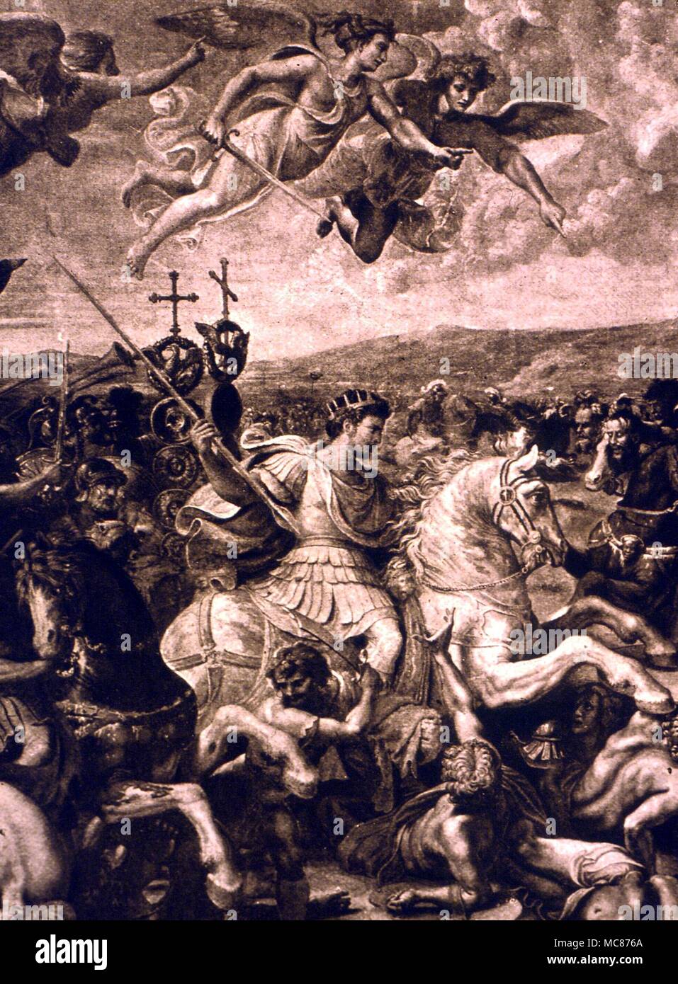 STRANGE PHENOMENA Visions The victory of Constantine the Great of Maxentius at the Milvian Bridge. His standard bearers are carrying the cross from the Sky Vision. Detail from the Fresco of Giulio Romano, Vatican Stock Photo
