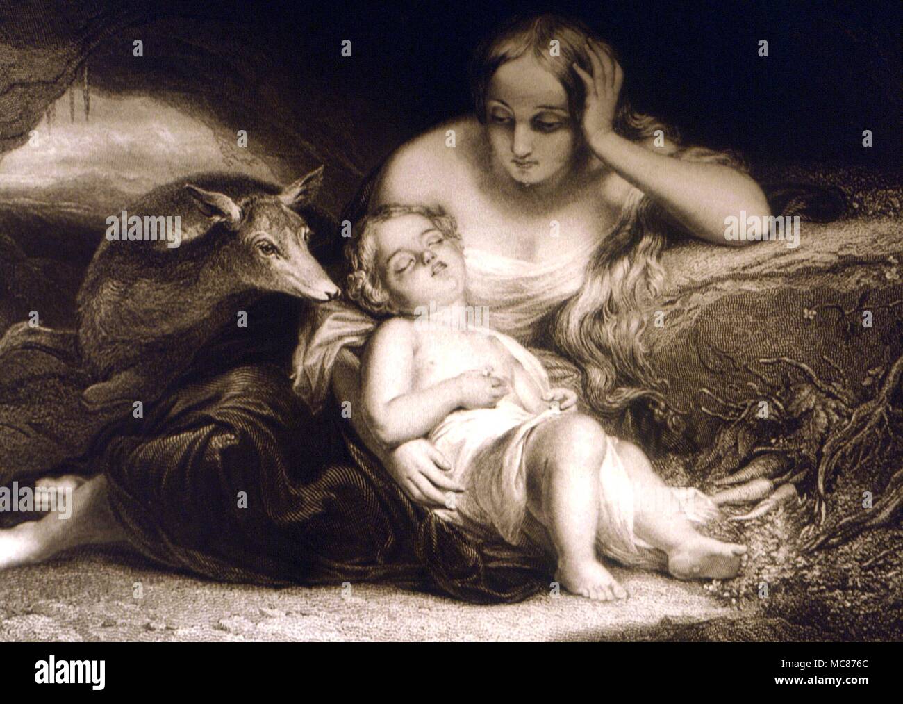 STRANGE PHENOMENA Genevieve of Brabant A deserted mother and her child are tended by a Hind. Engraving by JC Armytage, after a painting by Wappers. Art Journal, 1856 Stock Photo